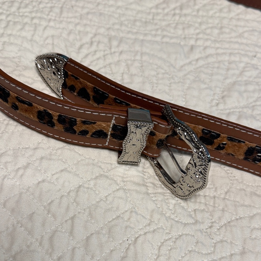 Fashionable Leopard Print Medium Brown Belt with Silver Buckle. 2XL. About 49”